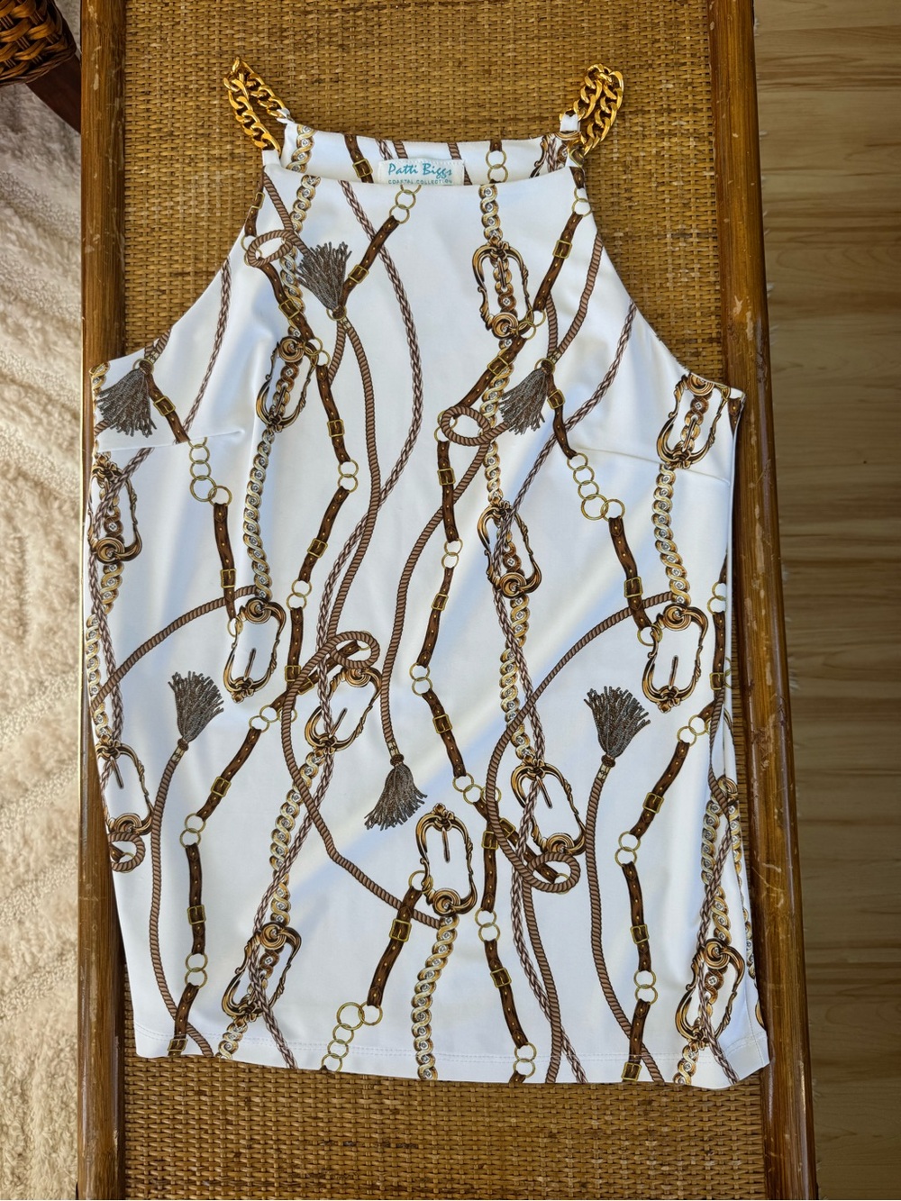 Patty Biggs White Halter Tank with Brown Chain Print